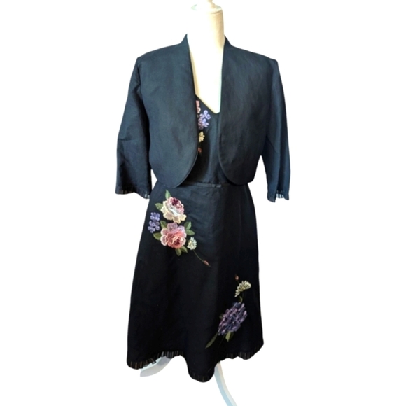 Vtg Plaza South Designer Black Linen Dress with Floral Embroidery & Jacket Sz 10 - Picture 8 of 9